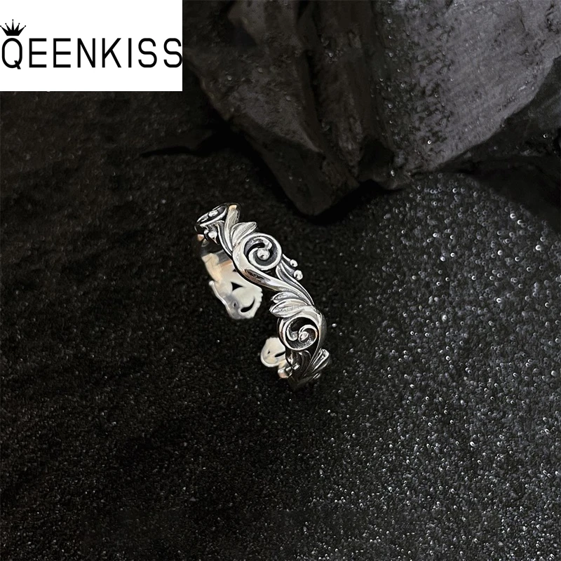 QEENKISS 925 Sterling Silver Vintage Grass Rings for Women Birthday Wedding Party Christmas Bride Mother Girl Ladies Gift RG7071