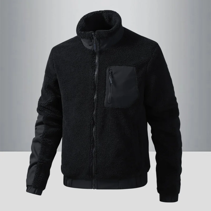 

2025 осенне-зимнее мужское хлопковое пальто из овечьей кожи, куртка с воротником-стойкой, однотонная флисовая универсальная модная верхняя куртка для мужчин