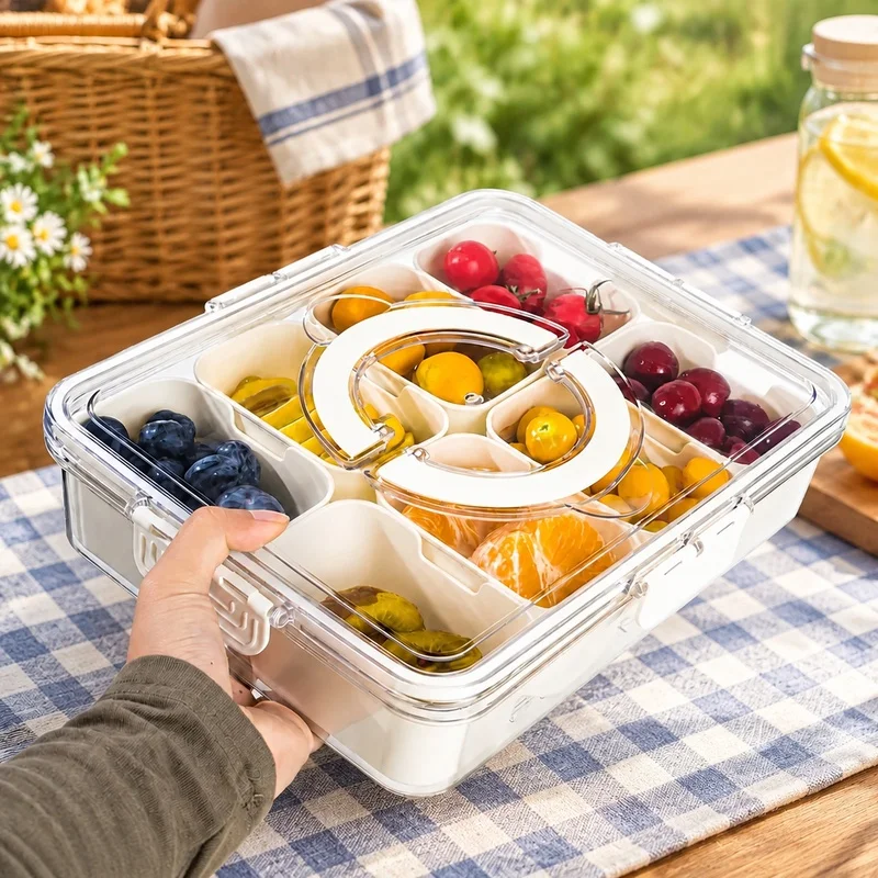 Compact 8-Section Snack and Fruit Organizer with Secure Lids, Multi-Purpose Food Storage Tray for Refrigerator
