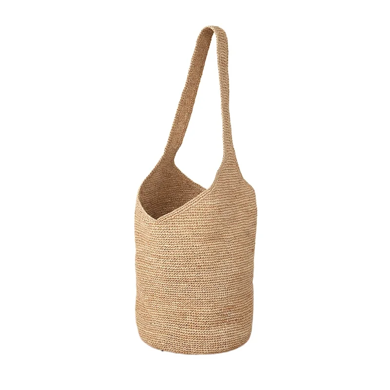 Handwoven Raffia Bucket Bag for Women Beach Vacation Shoulder Tote Korean Japanese Style