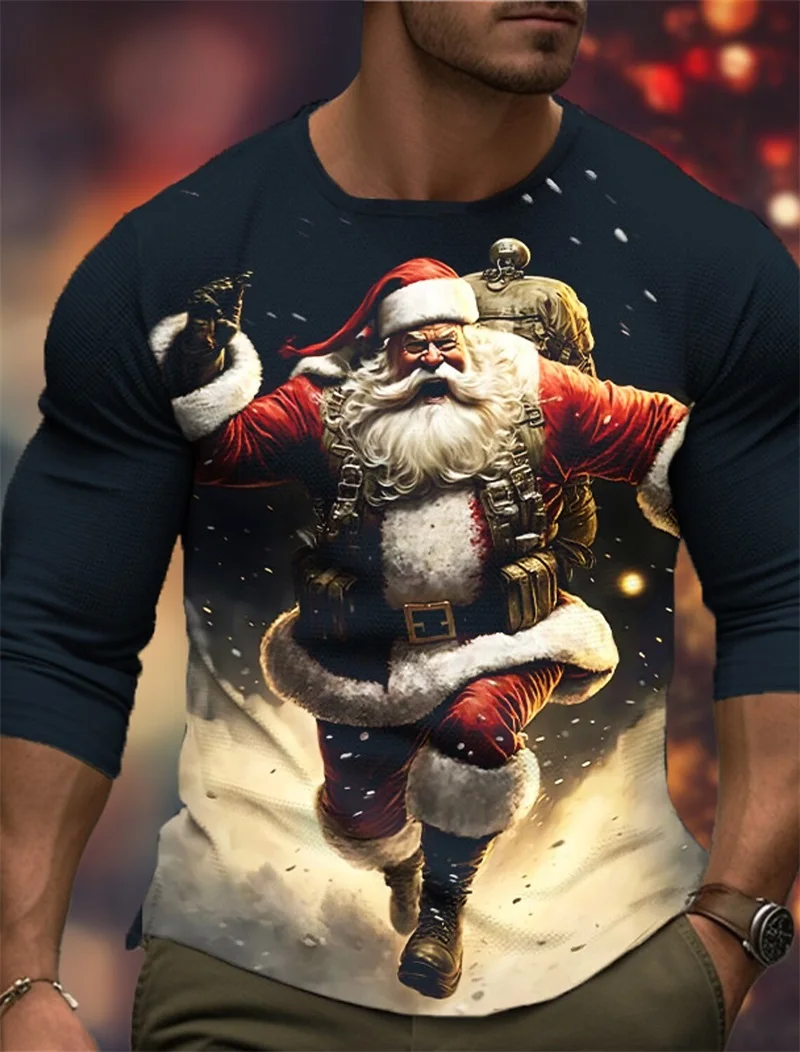 Full Printed Funny Santa Claus Graphic Casual T Shirt For Men Long Sleeve Christmas Tshirts Men Crew Neck Large Size New In Tees