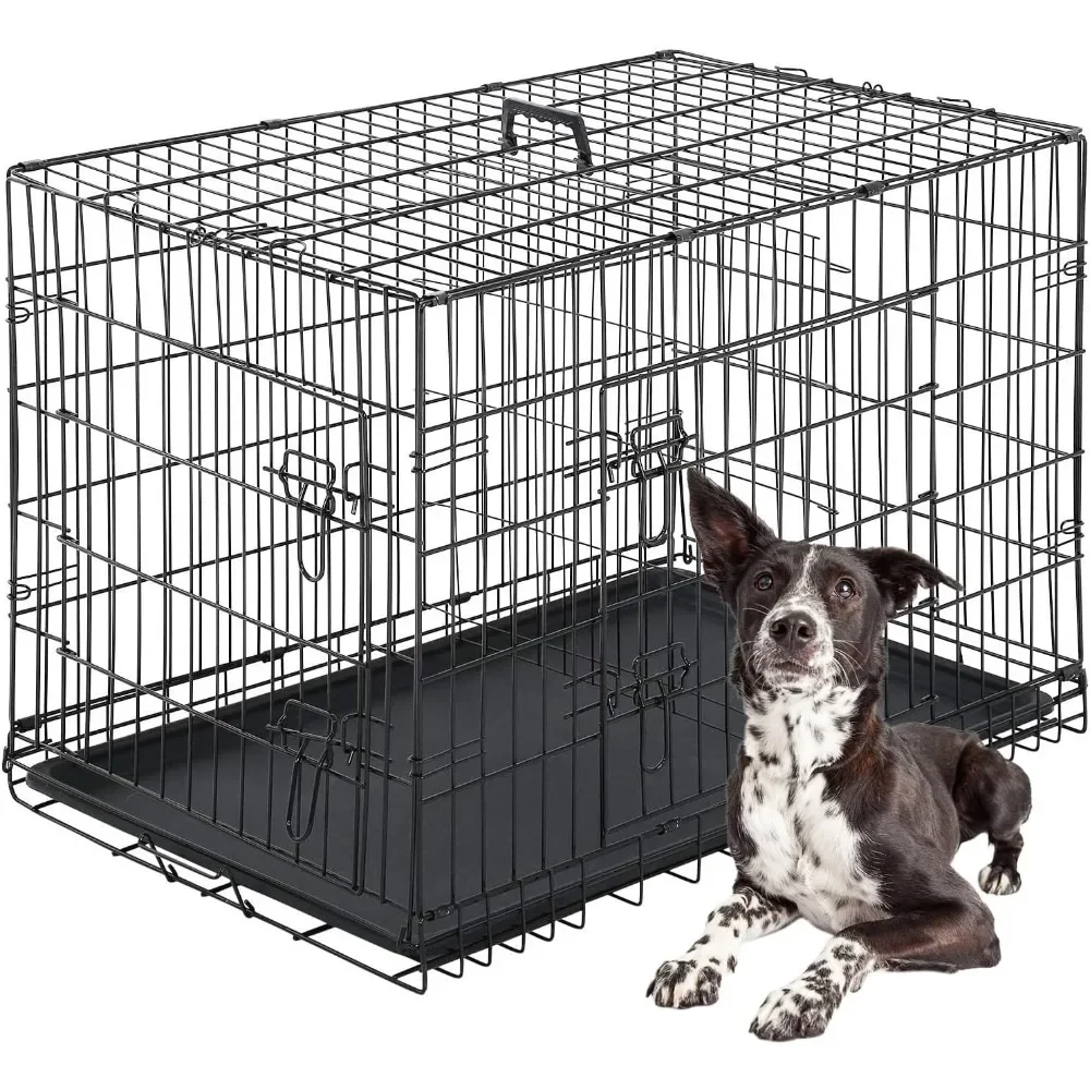 

Pet Crate for Large Dogs Folding Metal Pet Cage Double Door W/Divider Panel Indoor Dog Kennel Leak-Proof Plastic Tray Cage Black