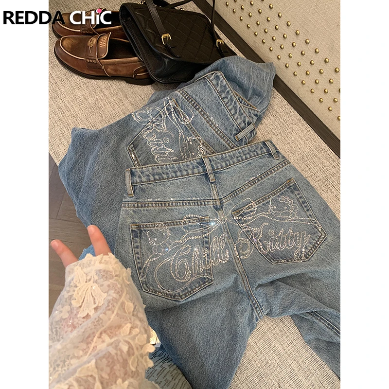 

ReddaChic Kawaii Diamond Широкие джинсы 2000-х годов Усы Винтажные потертые прямые мешковатые повседневные брюки Модная корейская женская уличная одежда