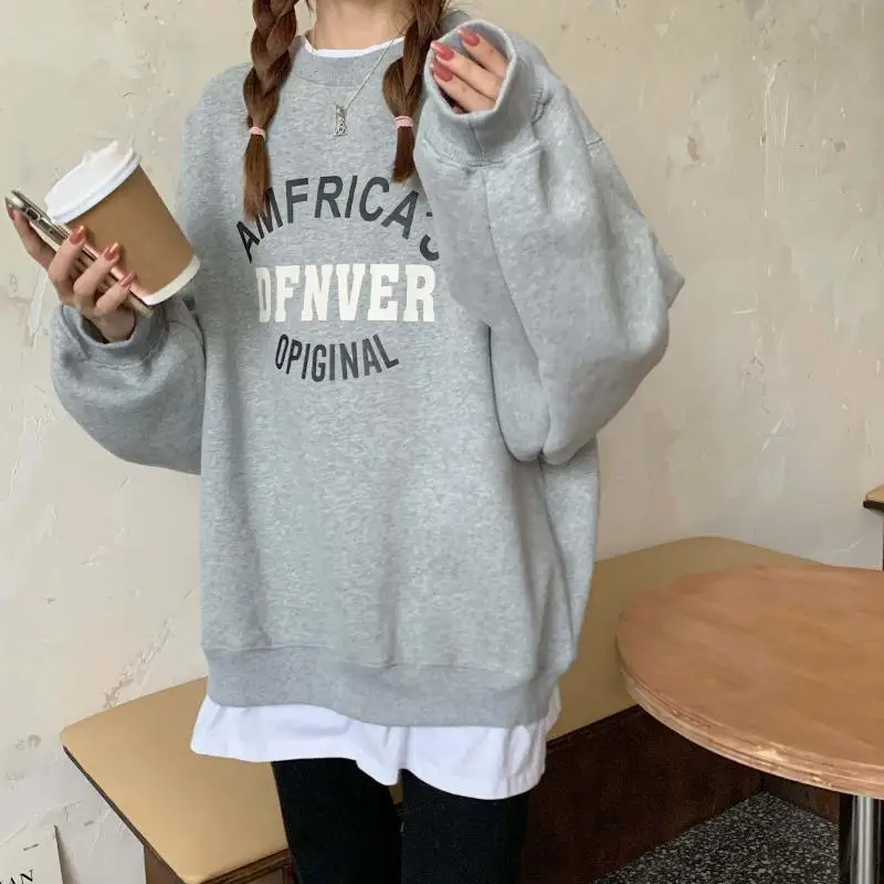 

Women's Fleece Thickened Sweatshirt Fashion Stitching Fake Two Pieces Pullover Tops Printing Letter Casual Harajuku Sweatshirt