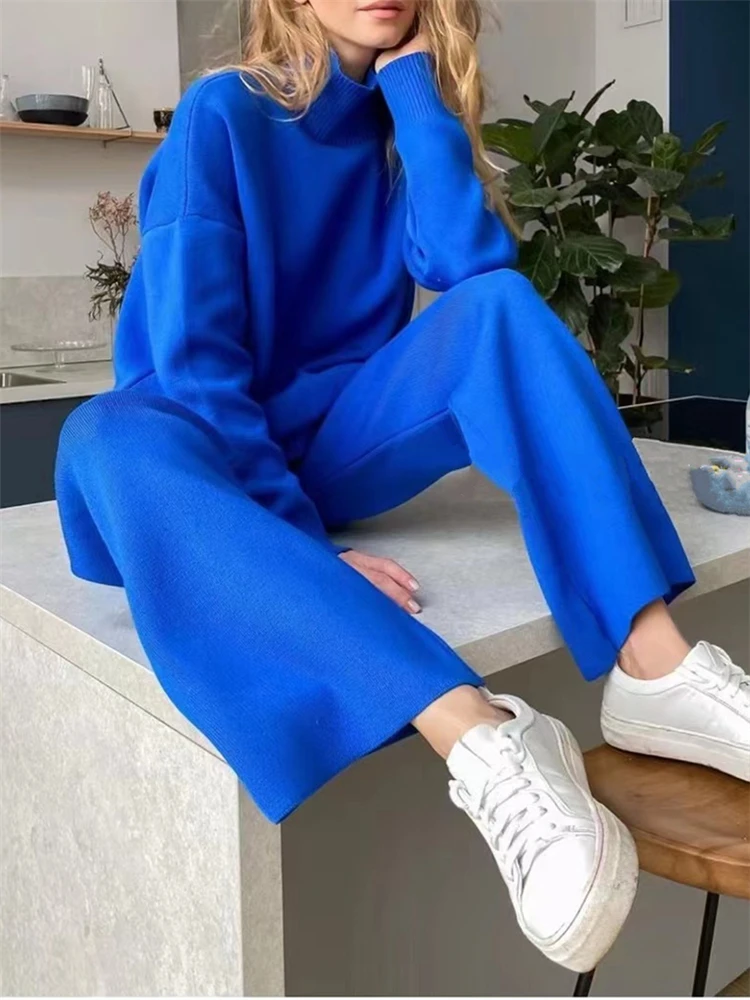 2 pezzi blu set da donna tuta lavorata a maglia maglione a collo alto e pantaloni da Jogging dritti