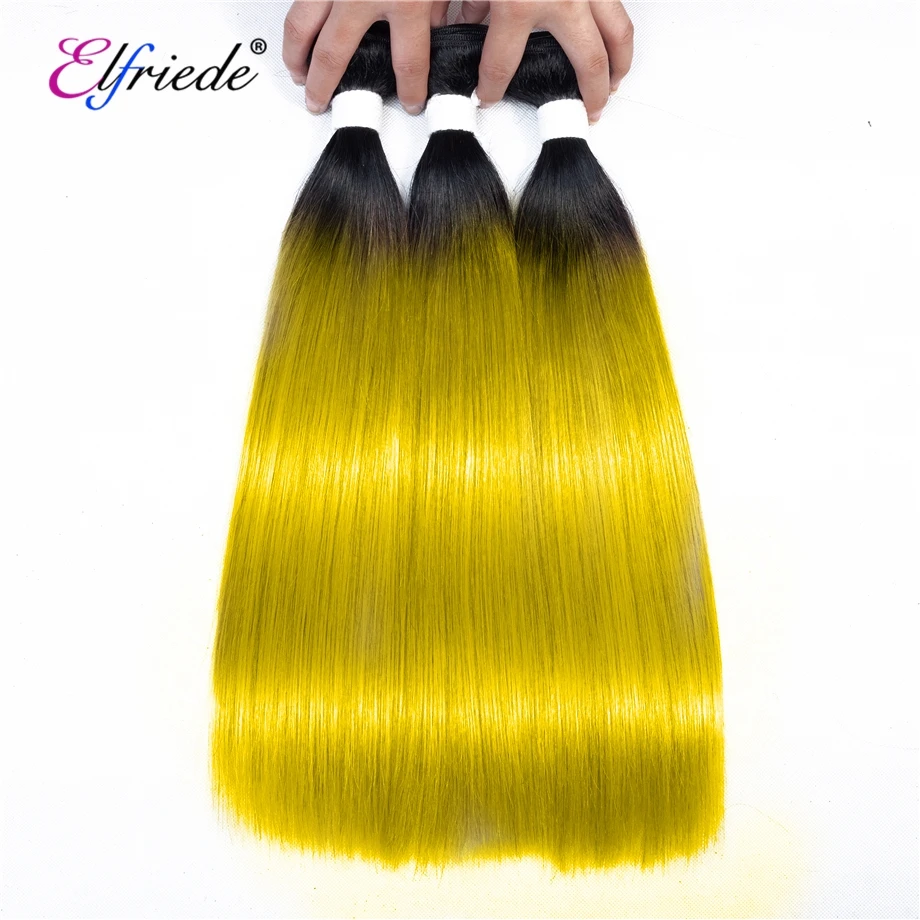 Elfriede Ombre #1B/Yellow Straight Hair Bundles with Closure Brazilian Remy Human Hair Wefts 3 Bundles with Lace Closure 4x4