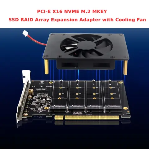 PCI-E X16 NVME M.2 MKEY SSD RAID Array Expansion Adapter with Cooling Fan 32Gbps Mainboard Split Card with Heat Sink M.2 Adapter