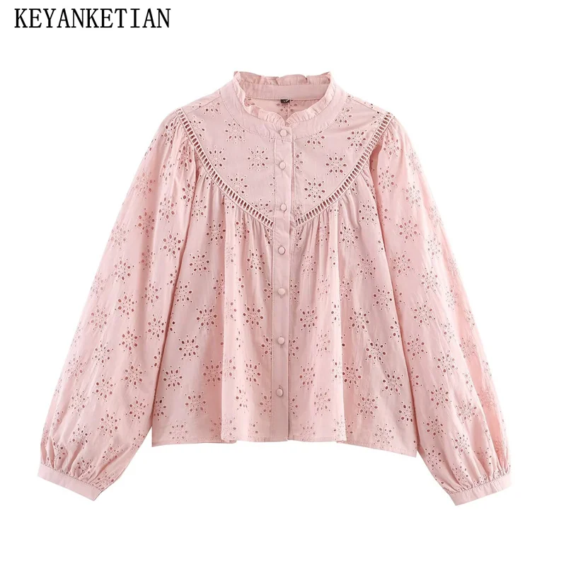 

KEYANKETIAN, новая летняя женская одежда, однобортная рубашка с рукавами-фонариками, вышитая рубашка, женский топ