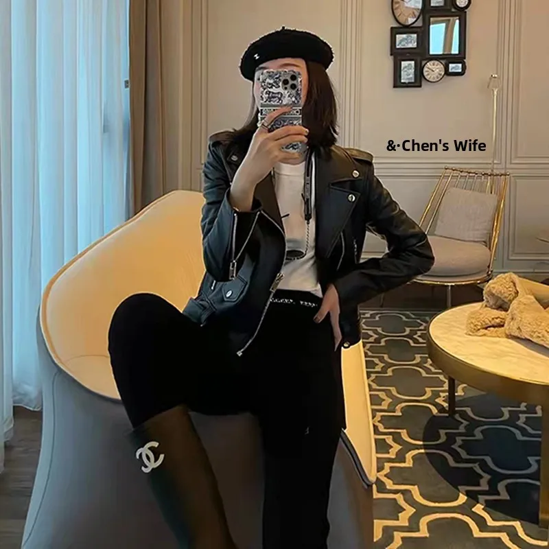 Chen sra. novo couro genuíno motociclista jaet ort eepskin feminino emagrecimento terno colarinho outerwear zíper longo sve primavera