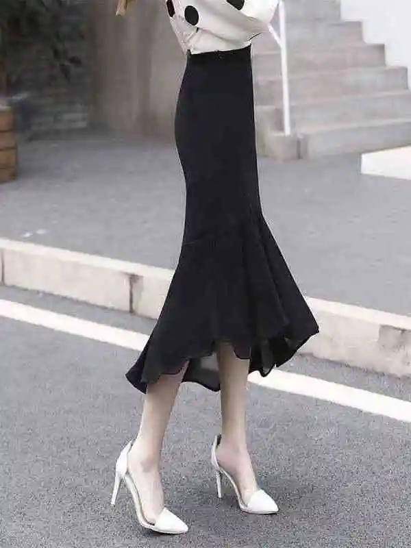 

Новая юбка-русалка из спандекса с рюшами, облегающая, с завышенной талией, из ПВХ-ткани, подходит для прогулок, из полиэфирного волокна, фасон «летучая мышь»