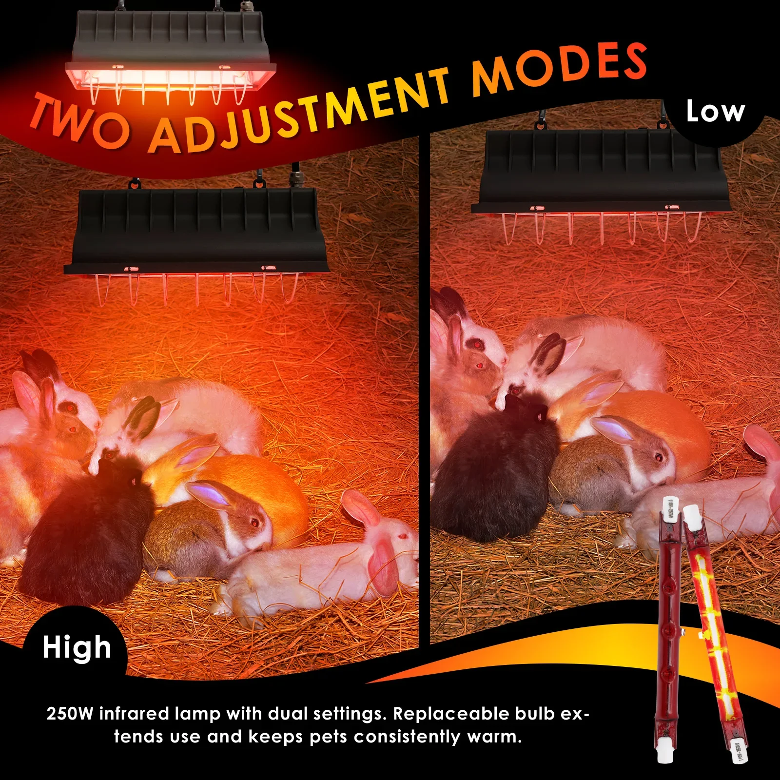 250W Heater Lamp for Chicken Coop Adjustment Hanging Brooder Heater with Infrared Heat Lamp Tube for Lamb Pig Chick Duck Poultry