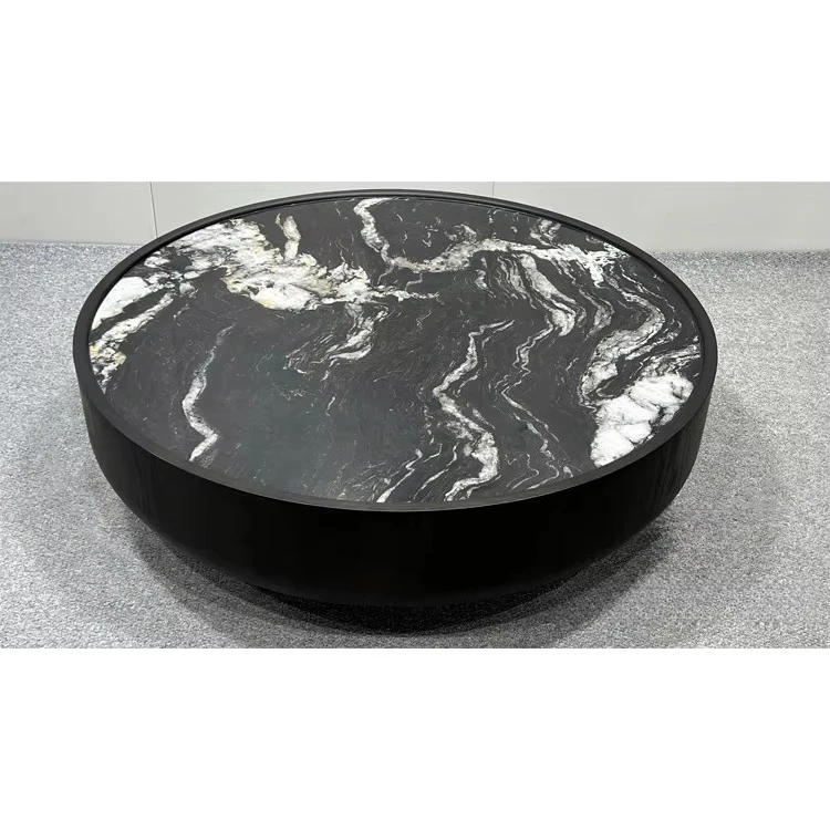 High-quality drum-shaped black sintered natural marble low-rise living room center coffee table