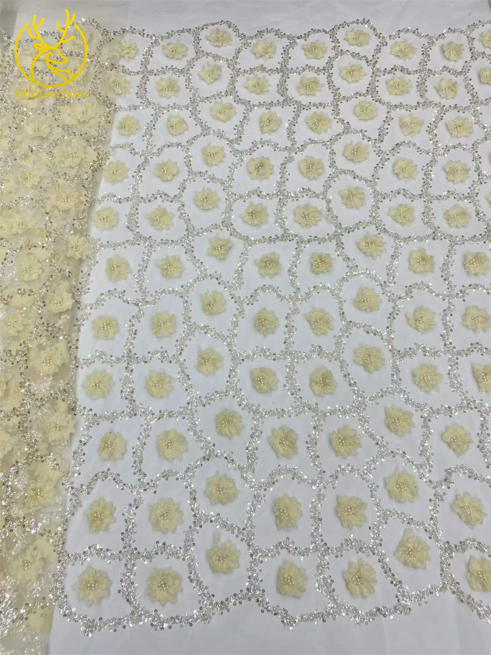 Elegantes Abendkleid 3D-Blumen-Spitzenstoff Afrikanischer Pailletten-Perlen-Spitzenstoff Hochwertiger Nigerianischer Französischer Tüll-Spitzenstoff – Detail 10