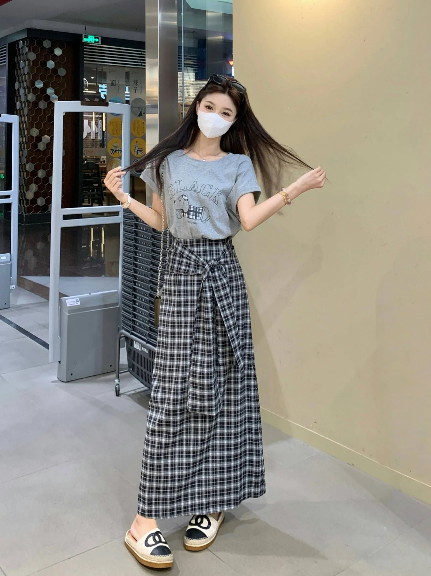 

plus Size Women's ey Print ort Sve T-irt High Waist Plaid Skirt Summer Faion Lazy Sle Korean Version Slim Fit
