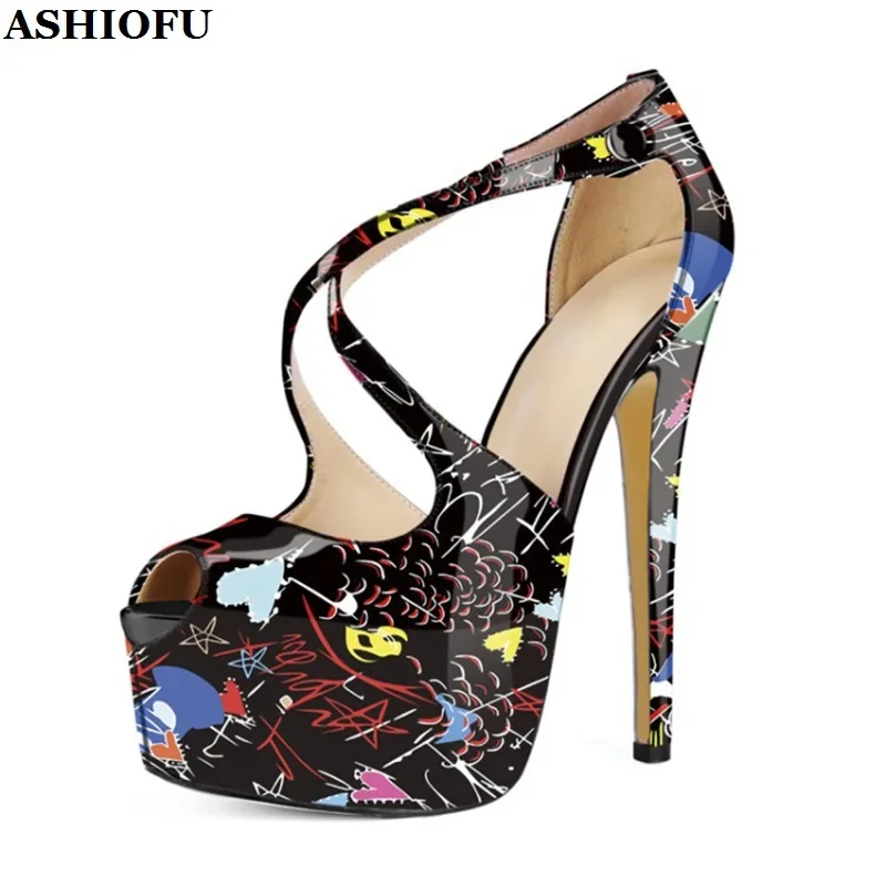 ASHIOFU Handmade Classic Style Women's High Heels Sandals Printing Patent Leather Peep-toe Platform Evening Fashion Summer Shoes