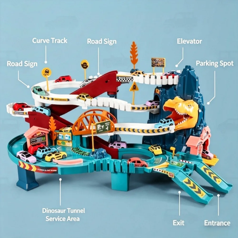 Electric Dinosaur Race Track Car City High Way Service Station Car Route Switching Toy with Elevator Assembly Building Car Track