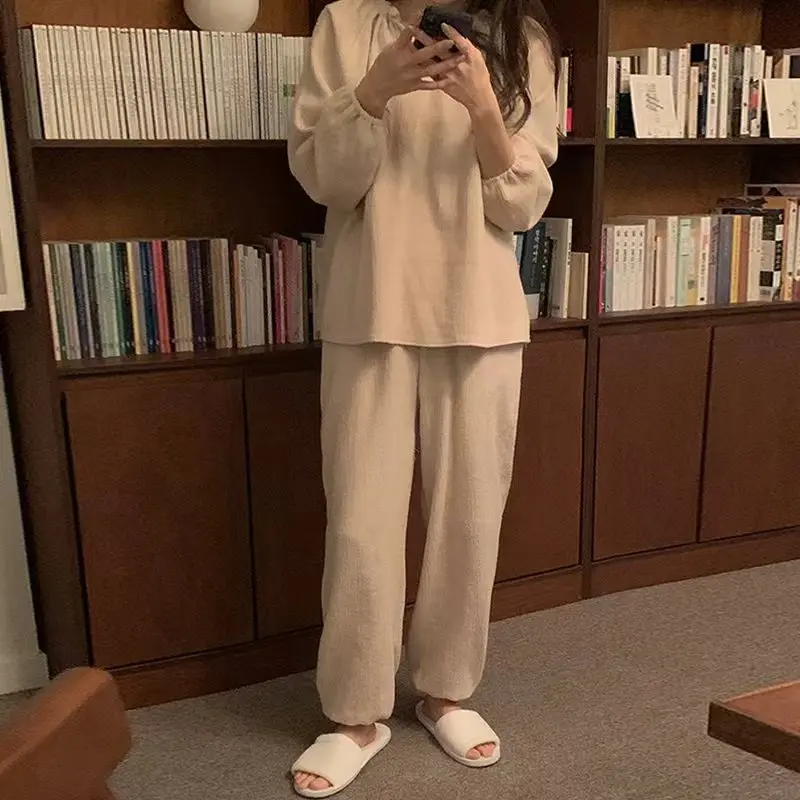 Conjuntos De dos piezas De gasa De algodón 100% para mujer, conjunto De camisa De manga larga + Pantalones, conjuntos De bata De pijama, chándal informal, Conjuntos De PantalóN