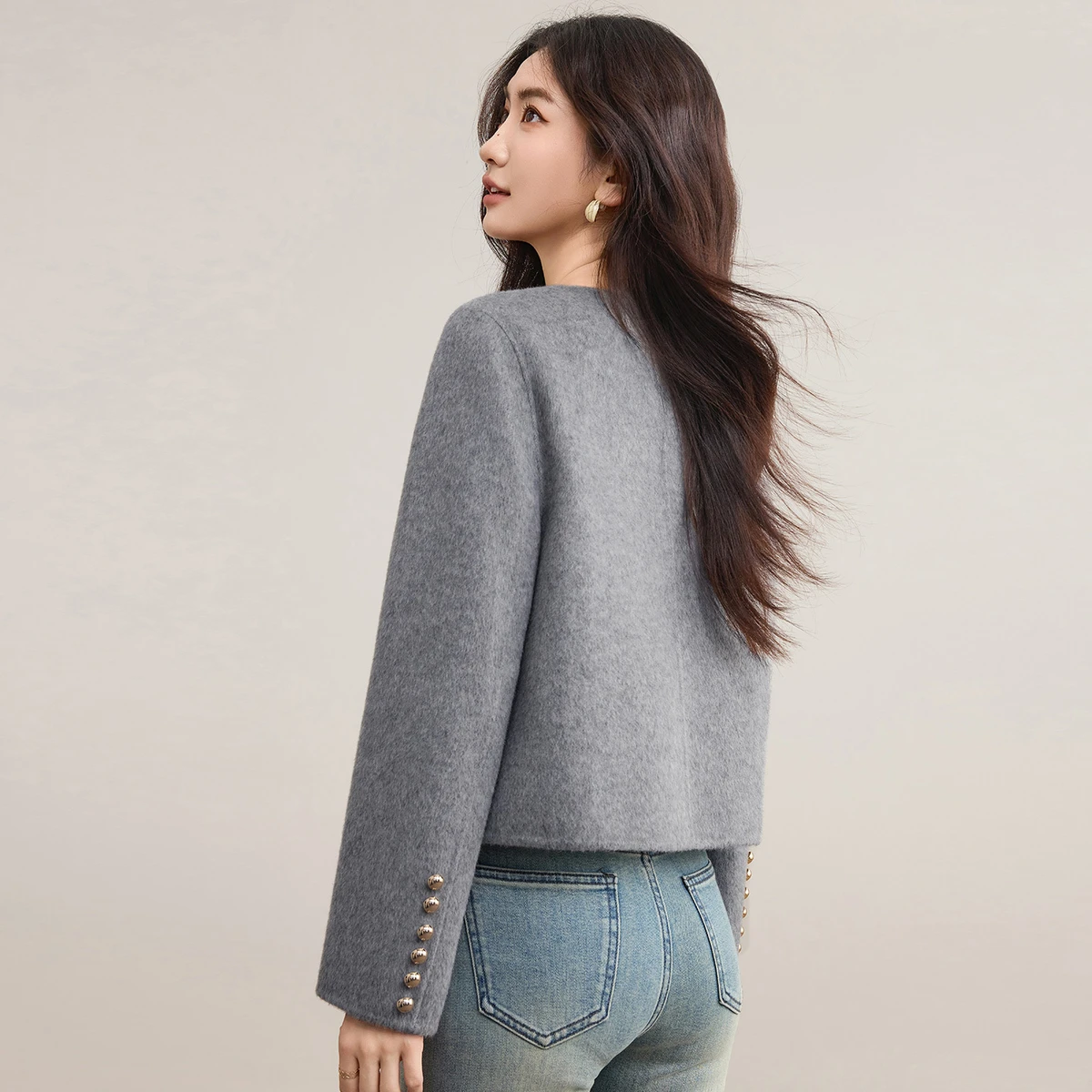 SENTUBILA Wool Coat for Woman Solid Winter 2025 O-neck Long-sleeve Coats Metal Mushroom Button Women's Clothing W54OG3691X