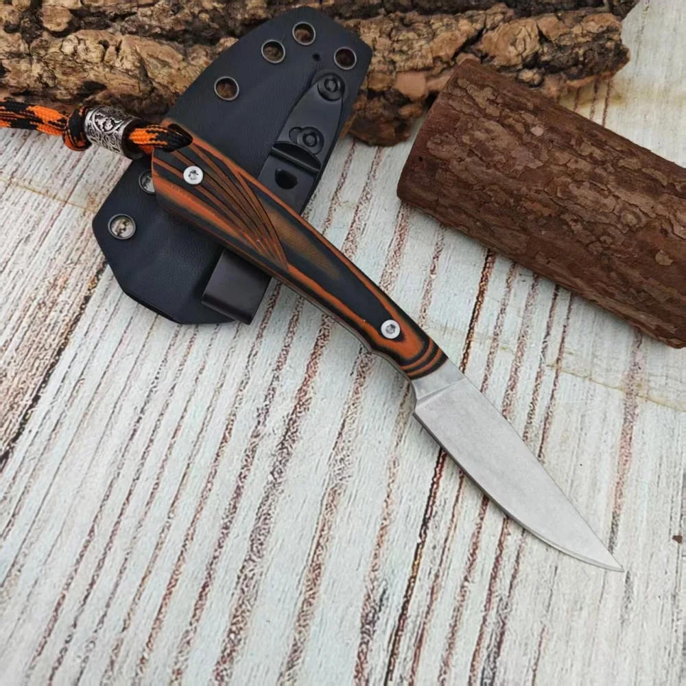 High-quality Kitchen Fruit Knife with Lanyard Portable Freezout-Orange & Black G10 Handle Outdoor Straight Knives with K Sheath
