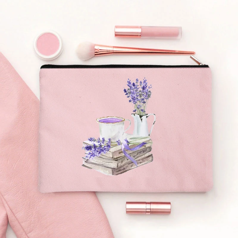 Bolsa de maquiagem feminina com estampa de flores e livros, bolsa cosmética de lona para amantes de livros, bolsa de higiene pessoal de grande capacidade