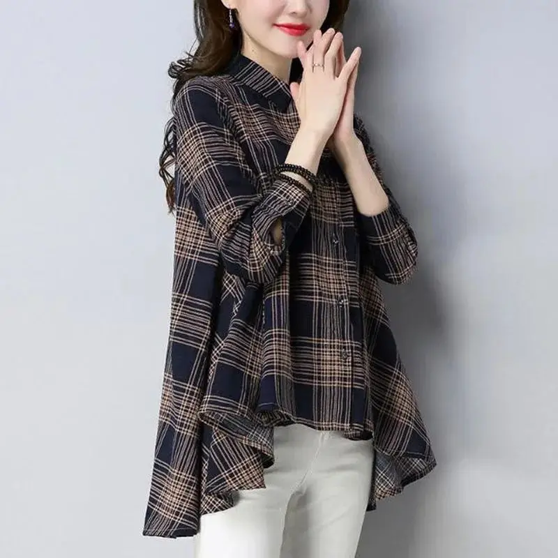 Korean Fashion Asymmetrical Plaid Shirt Women Clothing 2022 Autumn New Casual Commuter All-match Lapel Long Sleeve Loose Blouses