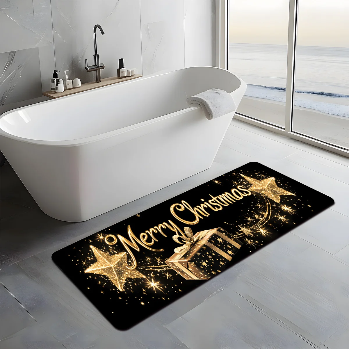 Merry Christmas Tree & Golden Star Runner Rug - 1pc, Non-Slip, Machine Washable for Hallway, Bathroom, Kitchen, Bedside & Sofa