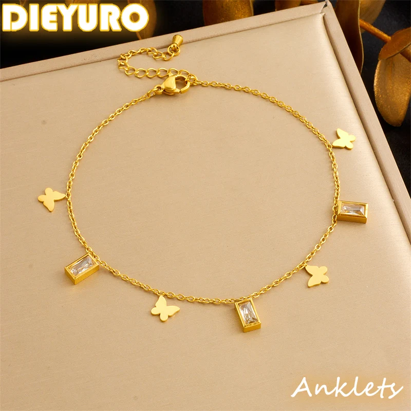 DIEYURO 316L Stainless Steel Golden Butterfly Square Zircon Anklets Women New Trend Foot Chains Anti-Rust Jewelry Holiday Gift