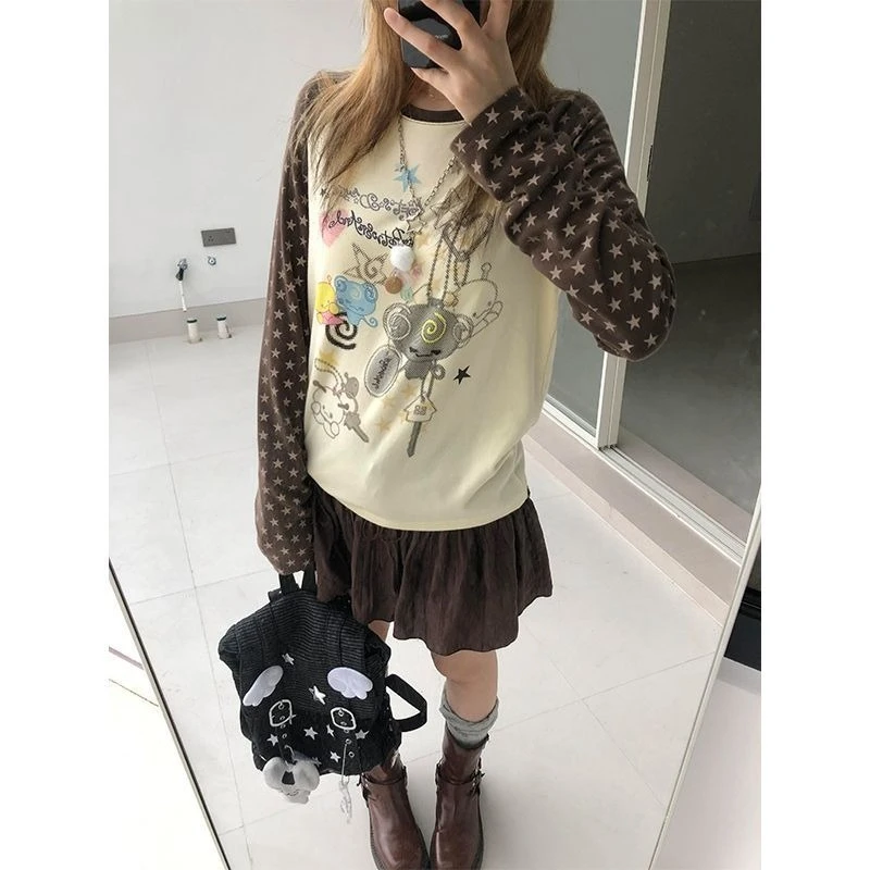 

Винтажные футболки с рисунком Kawaii Deeptown, женские футболки с длинными рукавами в японском стиле в стиле Харадзюку Y2k, уличная одежда в стиле ретро, свободная футболка с принтом