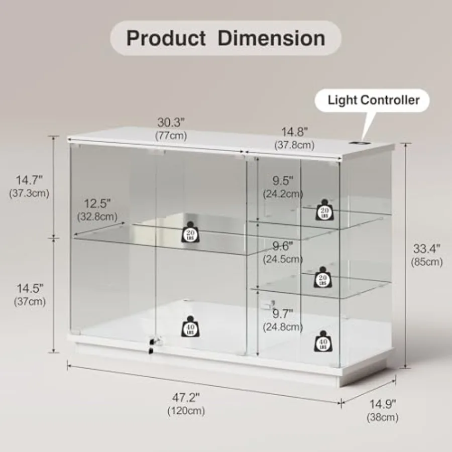 RGB Glass Display Cabinet with Lock for Collectibles: White tempered glass, LED lighting, secure locking mechanism, modern desi view 2