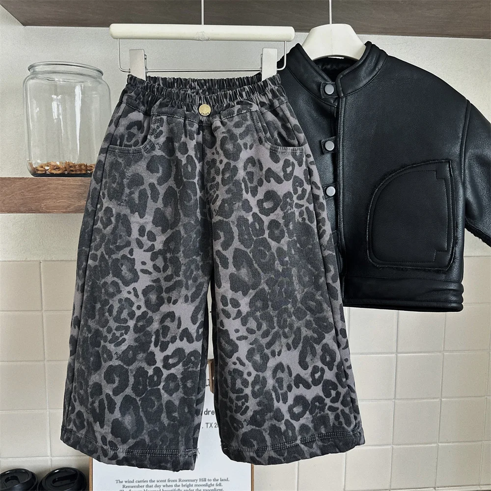 

Children's Pants Forest Baby Leopard Print Children's Trousers Boys and Girls Korean Velvet Straight Pants 2024 Winter New