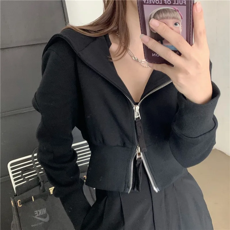 Gidyq Harajuku Streetwear Sweatshirt Women Fashion Double Zip Loose Hoodies Autumn Casual Female All Match Cropped Coats New