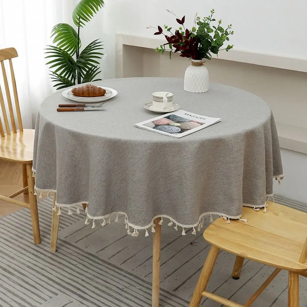 Decorazioni per la tavola Tovaglia in cotone e lino TPU rotonda con nappa Copri tavolo da pranzo Tinta unita Tappetino antipolvere Decorazione della casa