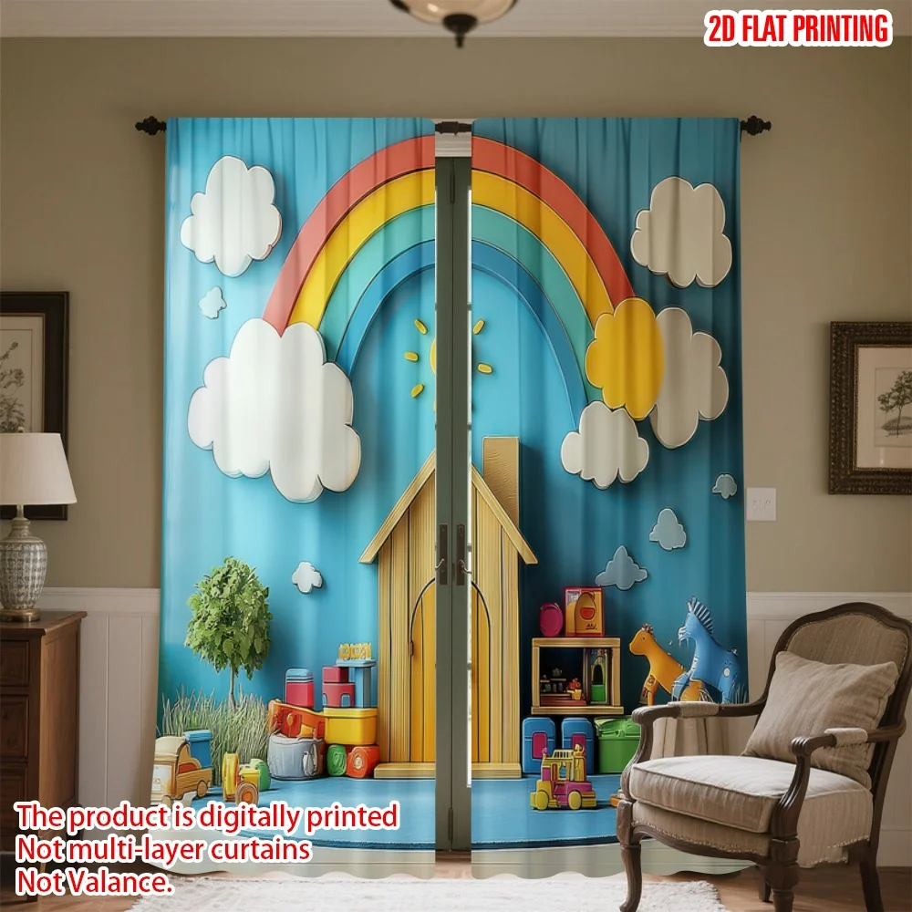 

2D flat printing 2pcs Party Curtains Playroom Rainbow Wall Digital Printed Polyester Drapes Seasonal Party & Holiday Decor