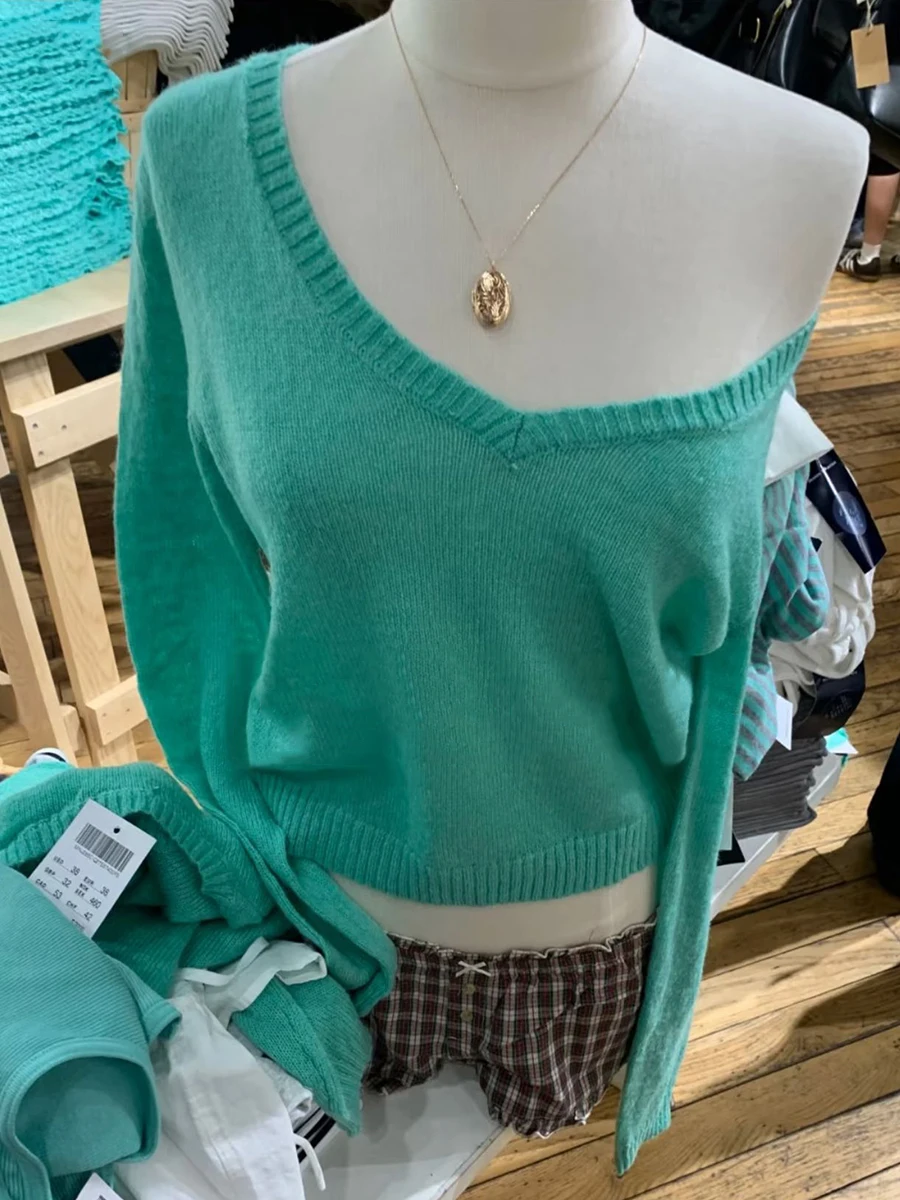 Mint Green Thin Sweater Woman V-neck Long Sleeve Cotton Slim Crop Tops Autumn Solid Simple Sweet All-match Pullover New Y2k Top