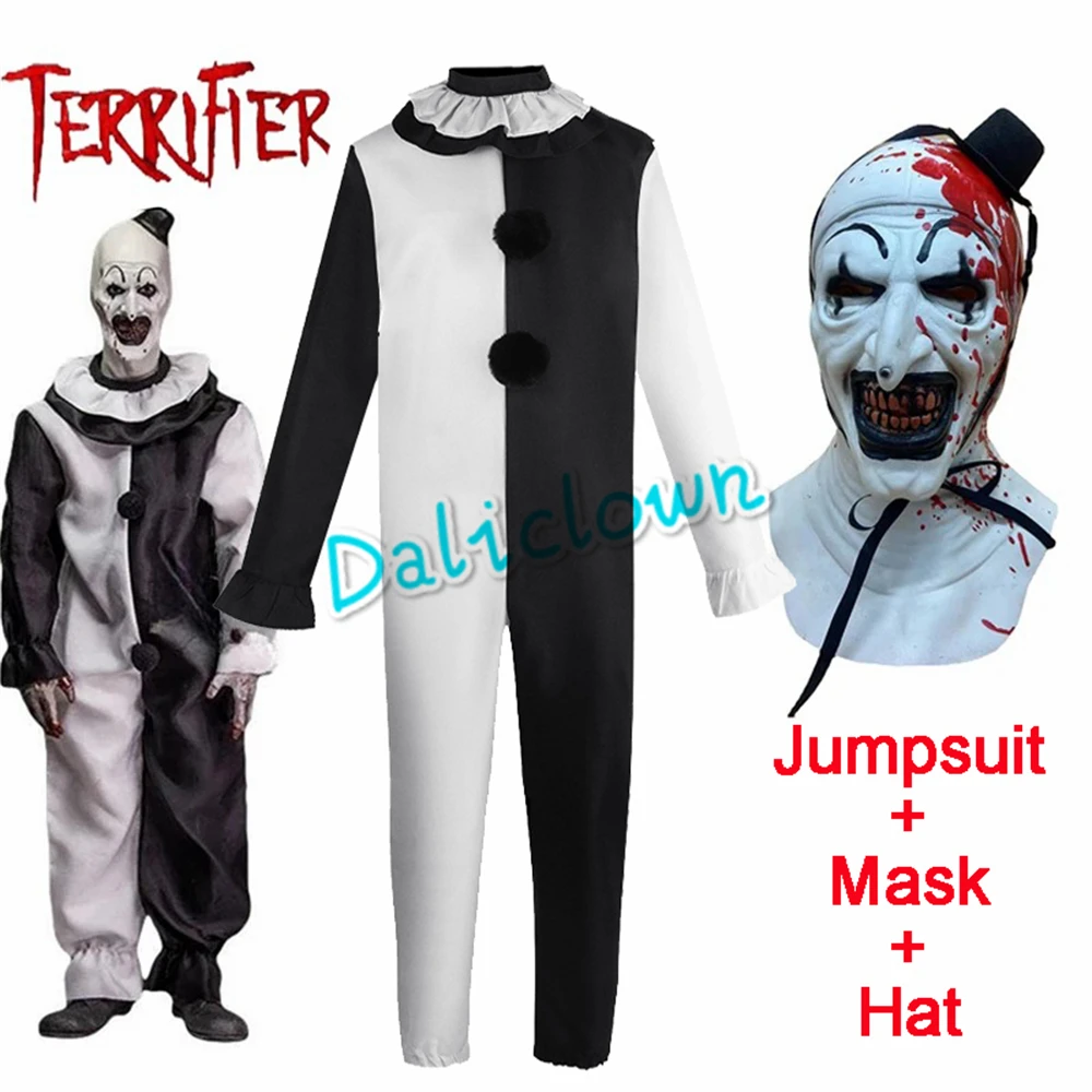 Art The Clown Cosplay Movie Terrifier 2 Art The Clown Costume Cosplay Tuta Maschera Costume di Halloween Maschera per Uomo Donna