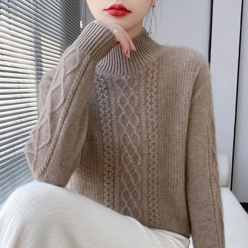 Luxury 100% pure wool women's semi-turtle neck autumn and winter new jacquard padded loose knit bottoming shirt