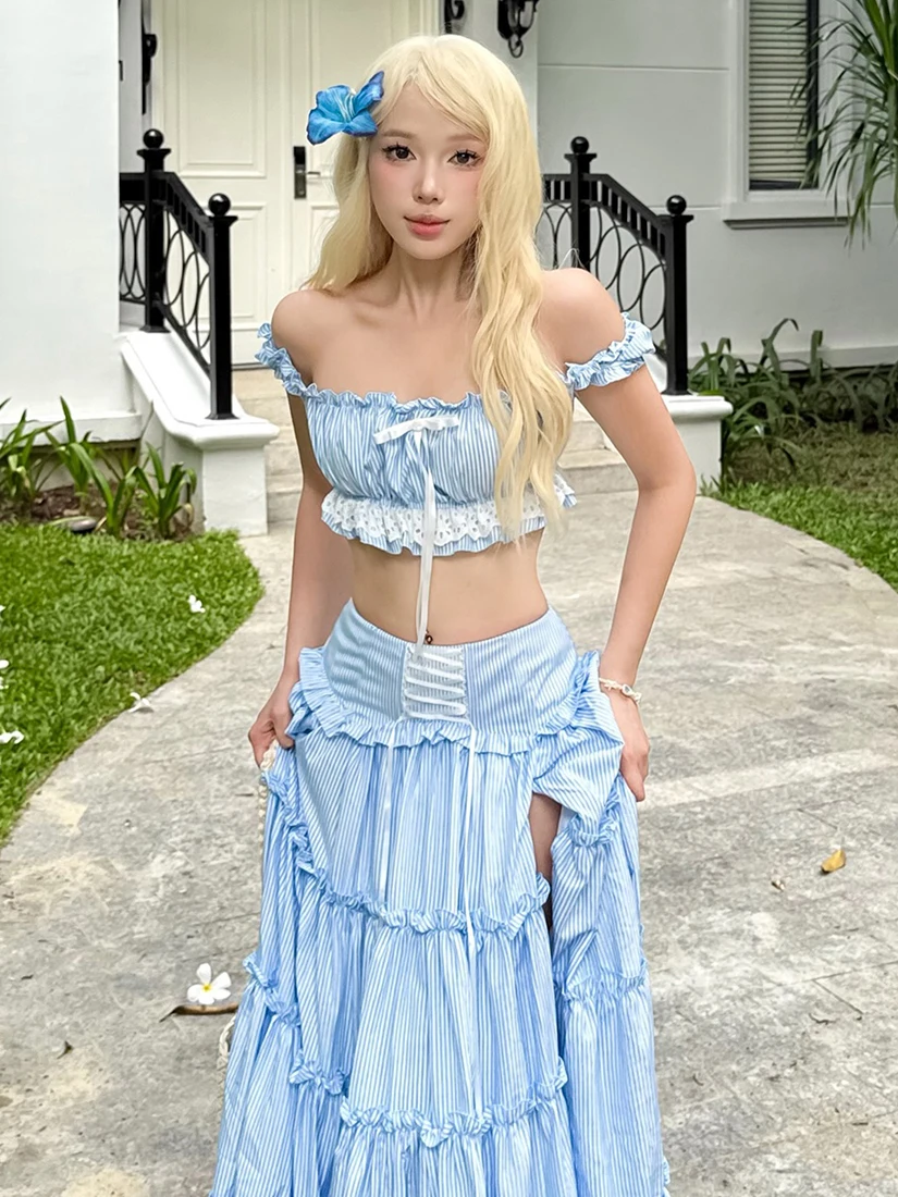 

SylCue Contrast Color Stripe Earlet Ruffle One Shoulder Short Crop Top with Slit Half Skirt Set Summer Fashion Women's ...