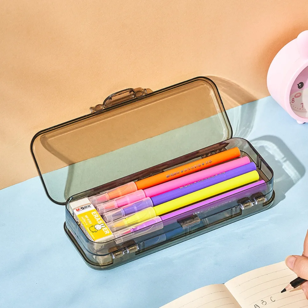 Imagem -05 - Double Deck Pencils Box Clear Régua Removível Dividindo Pen Case Grande Capacidade com Snap Lid Papelaria Box para Estudantes