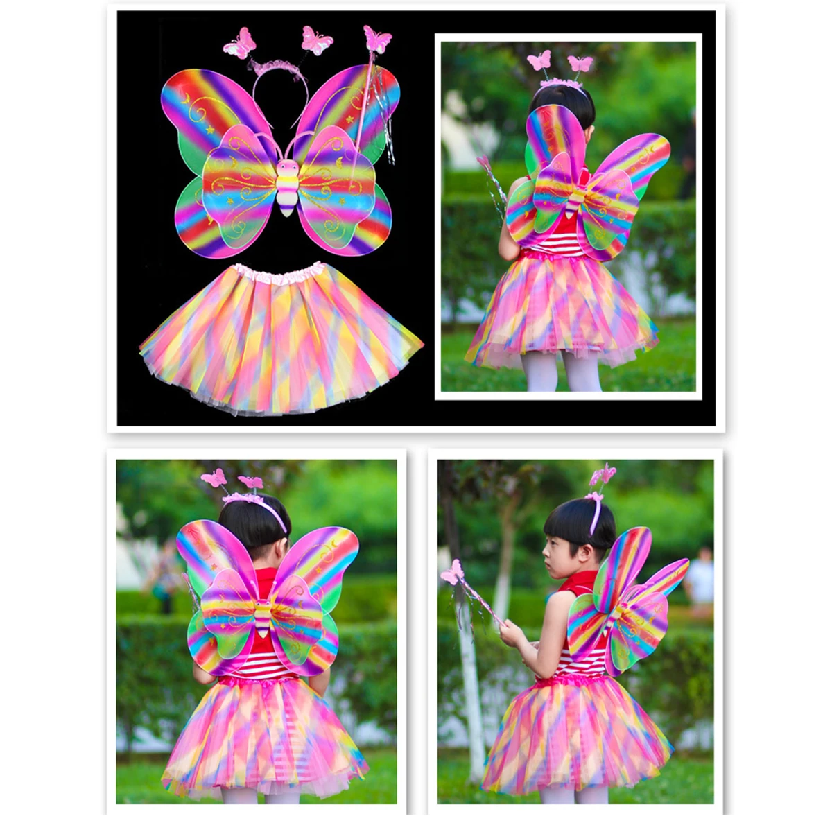 

4 Pcs Butterfly Wing Props Durable Plastic Fairy Costume for Kids Girls Halloween Birthday Tutu Skirt Headband Wand Party