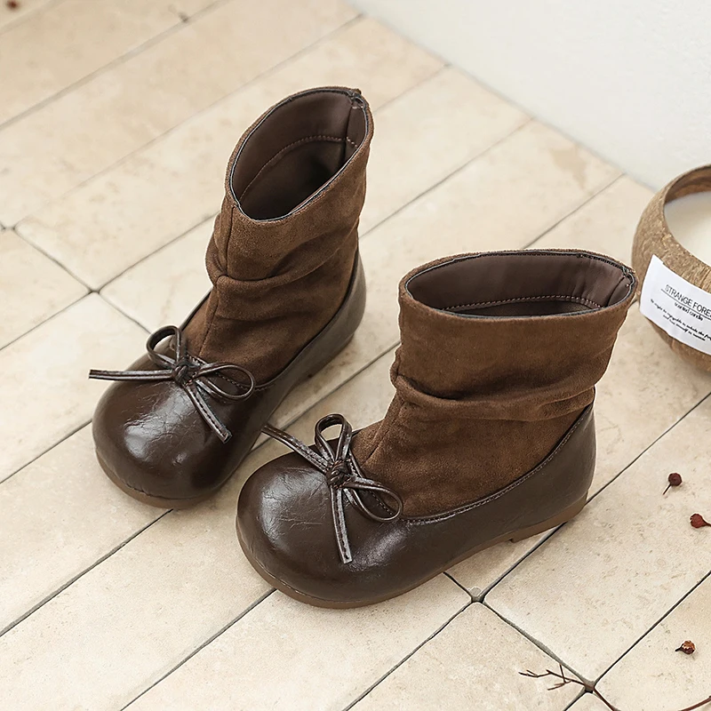 Girls Ankle Boots Bow Decor Slip-On Kids Suede Boots Soft Sole Non-Slip Toddler Booties for Autumn Winter Outdoor School Wear