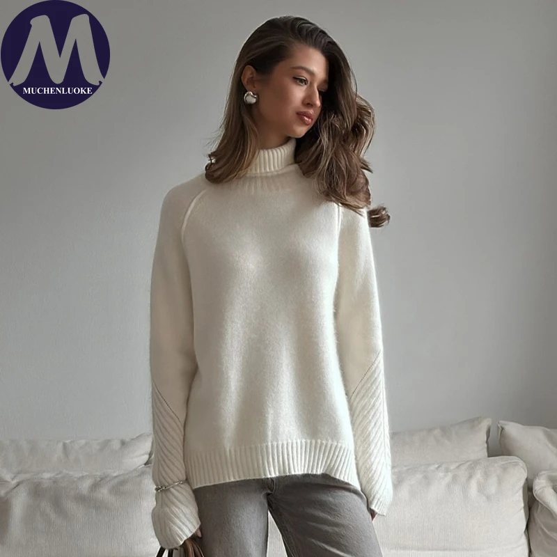 

Свитер для женщин, осень-зима, новый элегантный вязаный свитер с длинными рукавами и высоким воротом, модные повседневные свободные теплые пуловеры