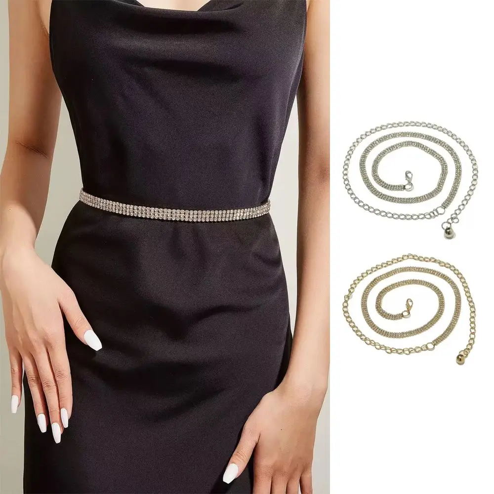 Elegant Shiny Waist Chain Rhinestone Thin Waist Belt Long Metal Waistband for Women Dress Coat