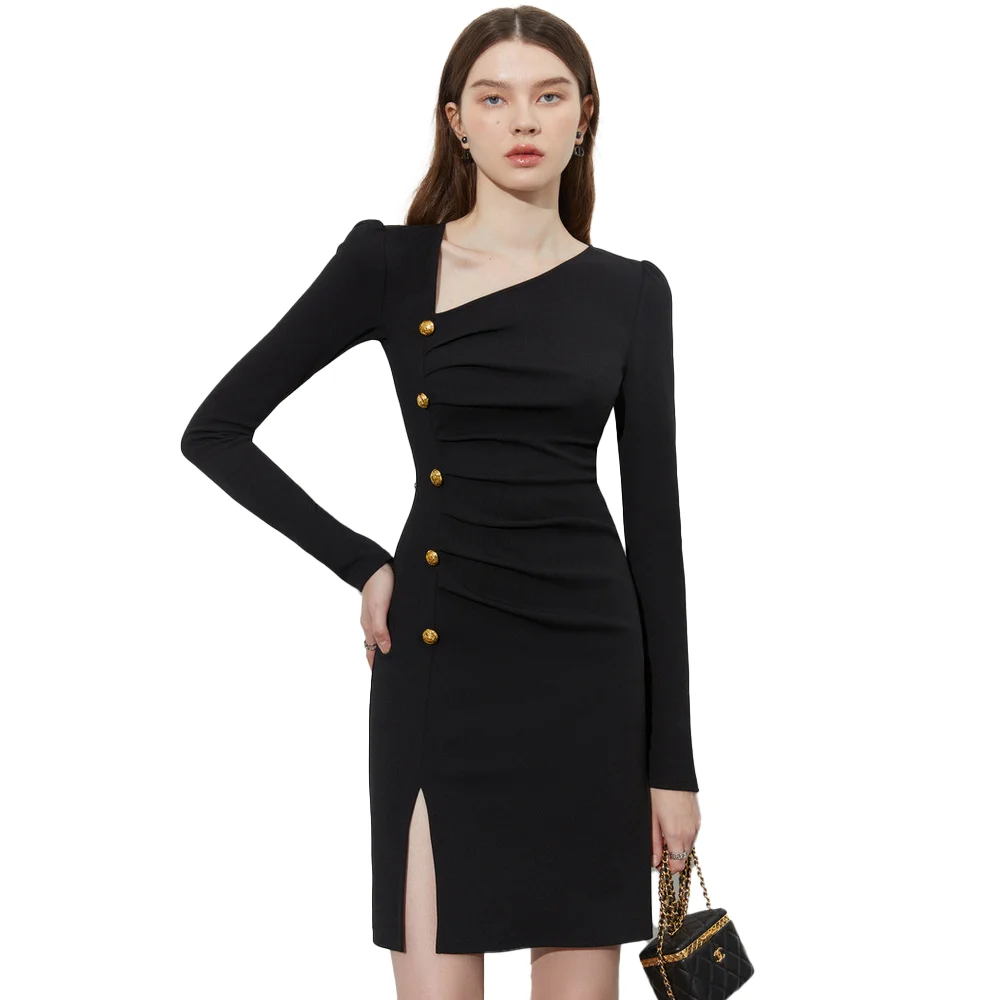 Sexy Button Black Mini Bandage Split Dress For Women Autumn Long Sleeve Slim Office work V-Neck Fashion Lady Elegant Dresses