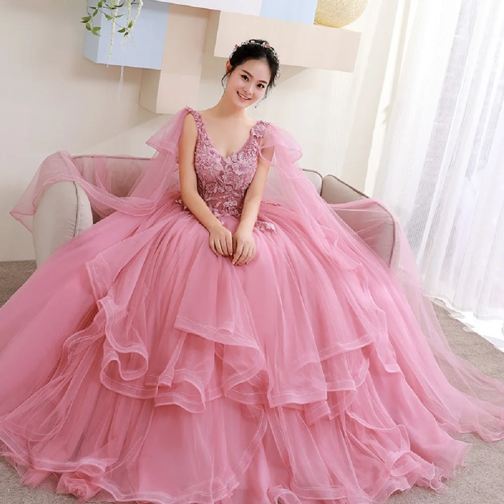 

LZPOVE Sweet Pink Quinceanera Dresses Classic V-neck Lace Applique Puffy Dresses For Prom Fairy Illusion Elegant Tulle Ball Gown