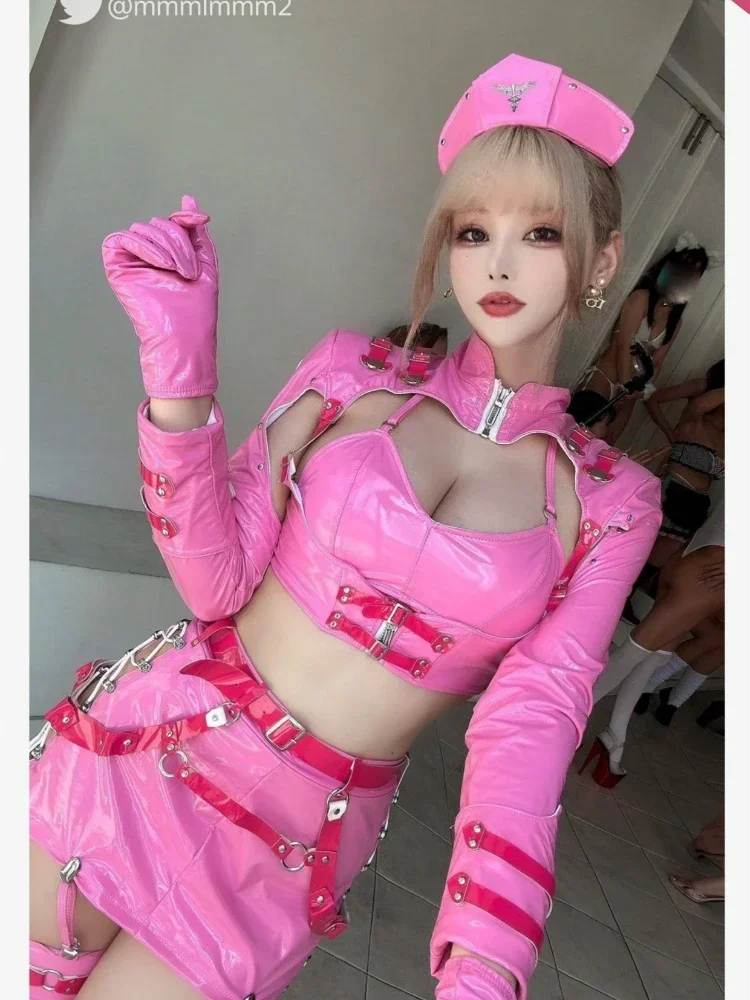 Dark Reign pink white nurse cosplay costume leotard elastic Clack hot anime cosplay full set sexy nurse leather dress