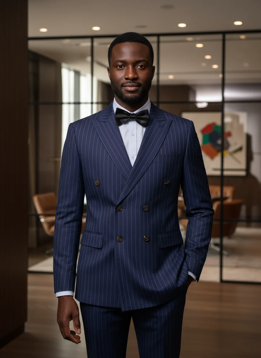 

ST Cassy Men Striped suit Double Breasted High-end Brand Formal Business Slim Fit Coat Pants 2 Pieces Set Fashionable and Casual