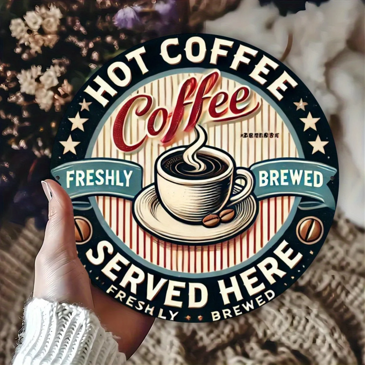 Letrero de hierro Circular Vintage, "café caliente servido aquí", decoración de cocina moderna de mediados de siglo, diseño escandinavo, 8x8 pulgadas, 1 ud.