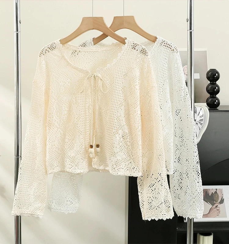 

Sun Protection ort Knitted Hollow out Women's Cardigan Trendy Ins Summer 2023 Commute Sle Korean Version Lace irt