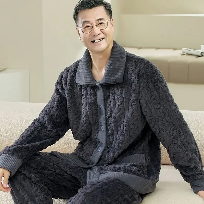 Male Winter Middle Age Loungewear Elderly Men Pajamas Thick Fleece Sleepwear Grandfather Comfort Home Clothes Set Outside Wear