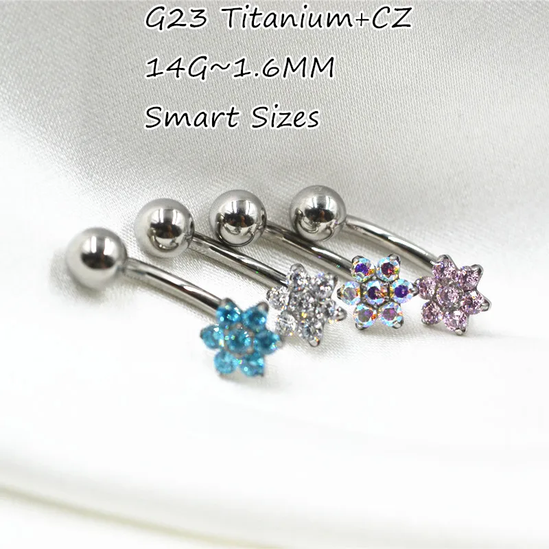 

10PCS Body Jewelry-G23 Titanium CZ Flowers Smart Navel Belly Button Body Piercing 14G 16G Shine Navel Curve Barbells Belly Rings